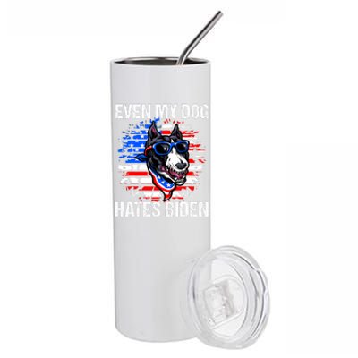 Funny Anti Joe Biden Even My Dog Hates Biden USA Flag Pibble Stainless Steel Tumbler