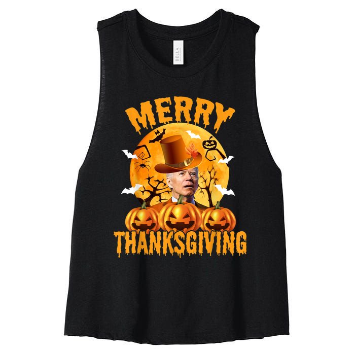 Funny Anti Joe Biden Confused Merry Thanksgiving For Halloween Women's Racerback Cropped Tank