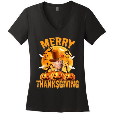 Funny Anti Joe Biden Confused Merry Thanksgiving For Halloween Women's V-Neck T-Shirt