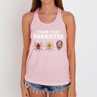 Funny Anti Joe Biden Shirts, Know Your Parasites Humor Women's Knotted Racerback Tank