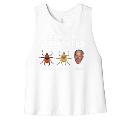 Funny Anti Joe Biden Shirts, Know Your Parasites Humor Women's Racerback Cropped Tank