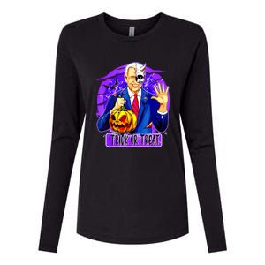 Funny Anti Joe Biden Hold Pumpkin Trick Or Treat Halloween Womens Cotton Relaxed Long Sleeve T-Shirt