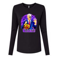 Funny Anti Joe Biden Hold Pumpkin Trick Or Treat Halloween Womens Cotton Relaxed Long Sleeve T-Shirt