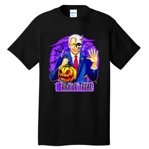 Funny Anti Joe Biden Hold Pumpkin Trick Or Treat Halloween Tall T-Shirt