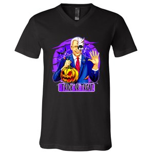 Funny Anti Joe Biden Hold Pumpkin Trick Or Treat Halloween V-Neck T-Shirt