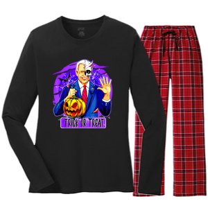 Funny Anti Joe Biden Hold Pumpkin Trick Or Treat Halloween Women's Long Sleeve Flannel Pajama Set 