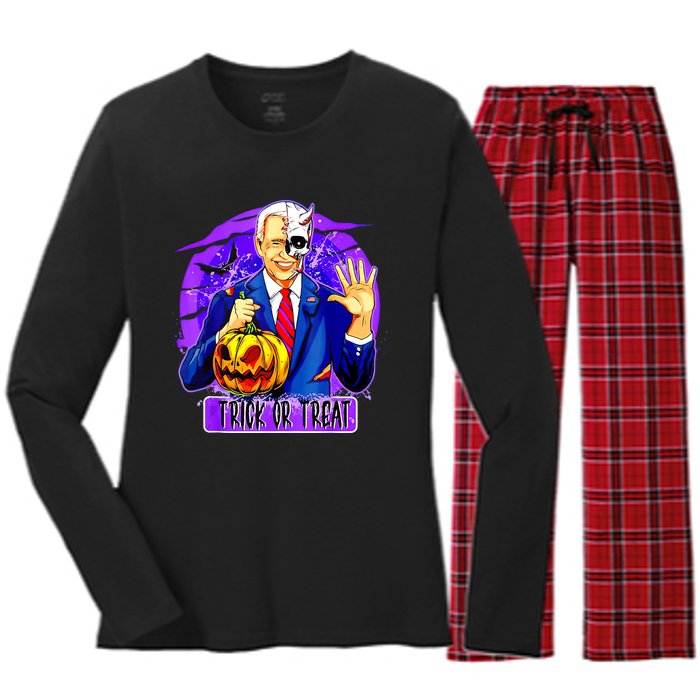 Funny Anti Joe Biden Hold Pumpkin Trick Or Treat Halloween Women's Long Sleeve Flannel Pajama Set 