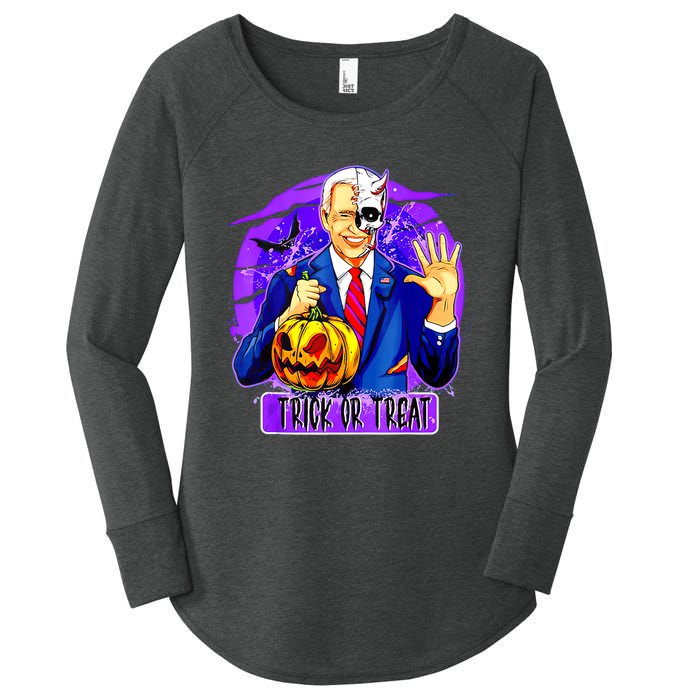 Funny Anti Joe Biden Hold Pumpkin Trick Or Treat Halloween Women's Perfect Tri Tunic Long Sleeve Shirt