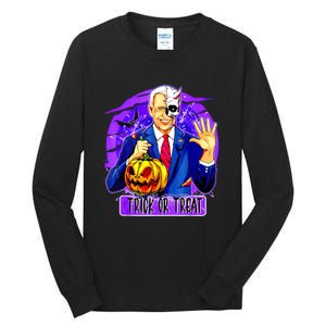 Funny Anti Joe Biden Hold Pumpkin Trick Or Treat Halloween Tall Long Sleeve T-Shirt