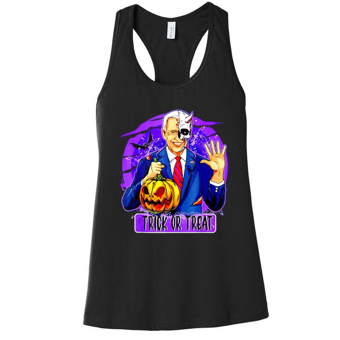 Funny Anti Joe Biden Hold Pumpkin Trick Or Treat Halloween Women's Racerback Tank