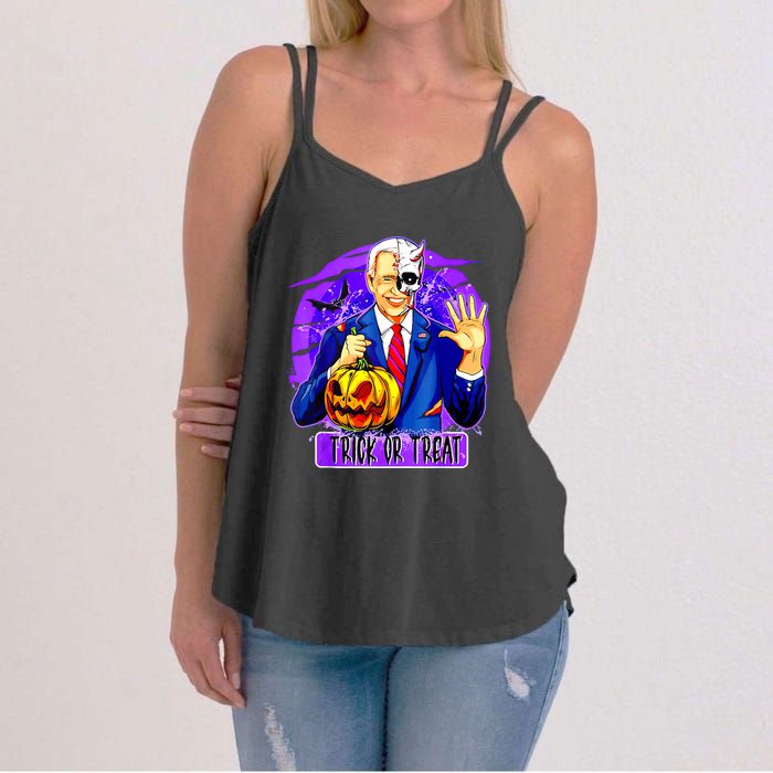 Funny Anti Joe Biden Hold Pumpkin Trick Or Treat Halloween Women's Strappy Tank