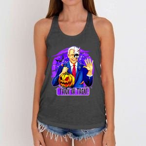 Funny Anti Joe Biden Hold Pumpkin Trick Or Treat Halloween Women's Knotted Racerback Tank