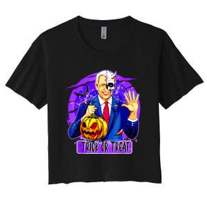 Funny Anti Joe Biden Hold Pumpkin Trick Or Treat Halloween Women's Crop Top Tee