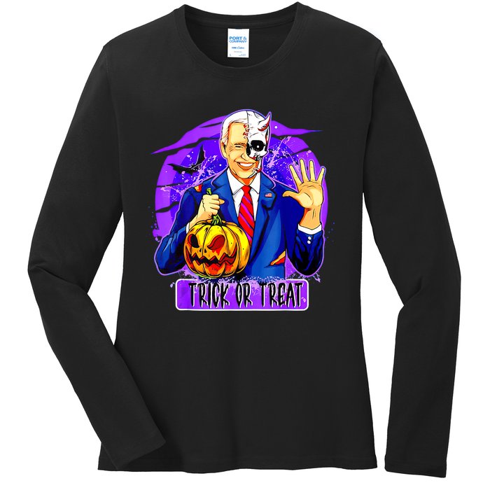 Funny Anti Joe Biden Hold Pumpkin Trick Or Treat Halloween Ladies Long Sleeve Shirt