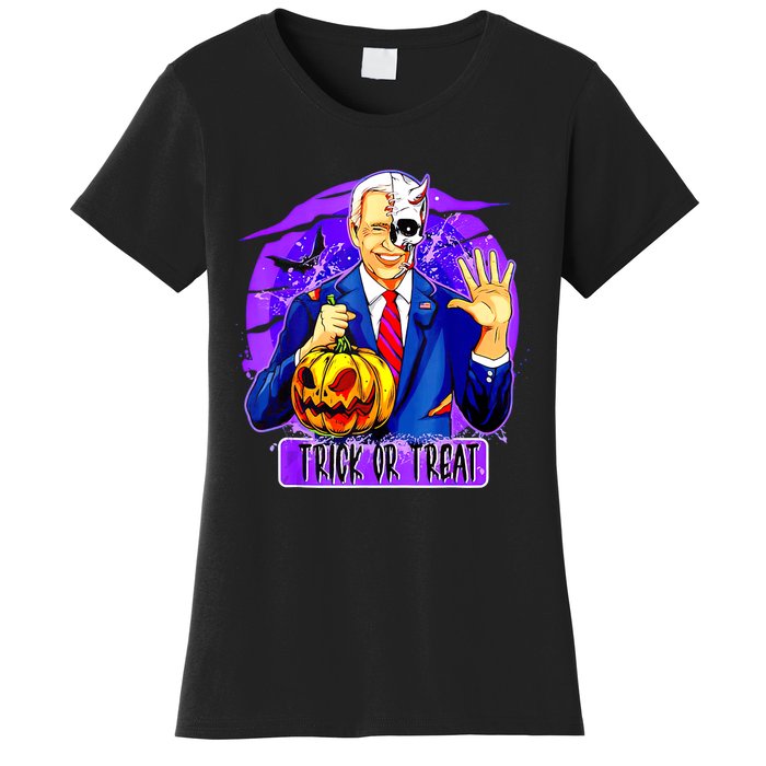 Funny Anti Joe Biden Hold Pumpkin Trick Or Treat Halloween Women's T-Shirt