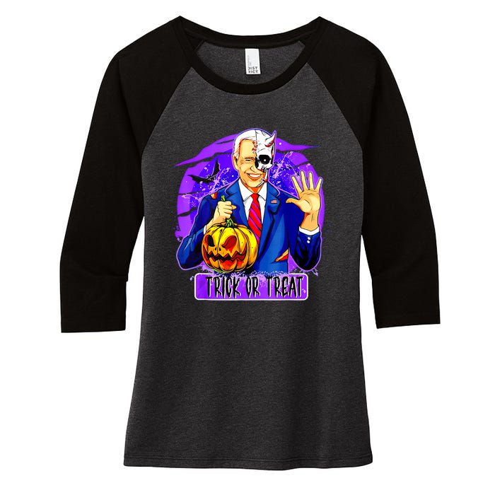 Funny Anti Joe Biden Hold Pumpkin Trick Or Treat Halloween Women's Tri-Blend 3/4-Sleeve Raglan Shirt