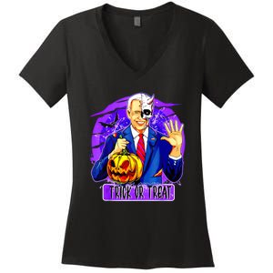 Funny Anti Joe Biden Hold Pumpkin Trick Or Treat Halloween Women's V-Neck T-Shirt