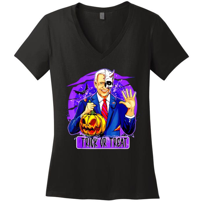 Funny Anti Joe Biden Hold Pumpkin Trick Or Treat Halloween Women's V-Neck T-Shirt