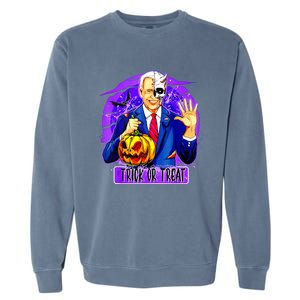 Funny Anti Joe Biden Hold Pumpkin Trick Or Treat Halloween Garment-Dyed Sweatshirt