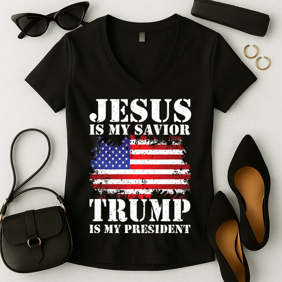 Funny American Jesus Is My Savior Trump Is My President Women's V-Neck T-Shirt