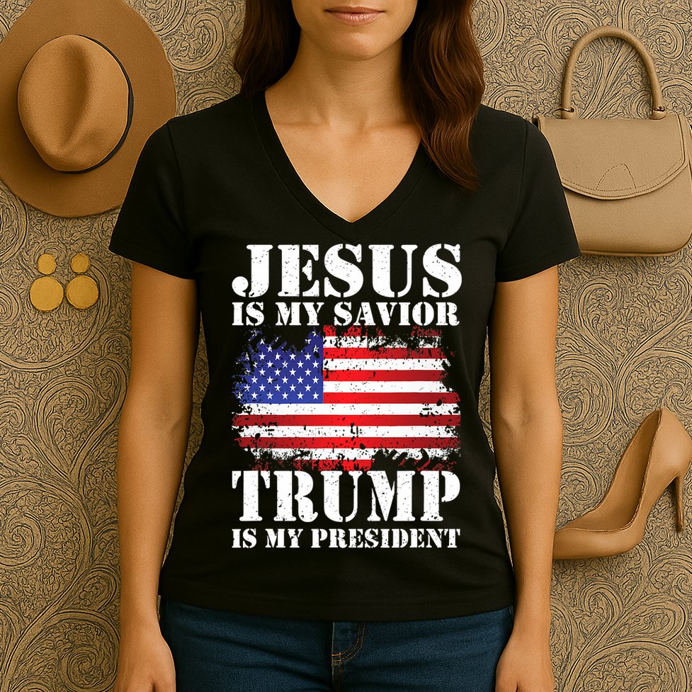 Funny American Jesus Is My Savior Trump Is My President Women's V-Neck T-Shirt