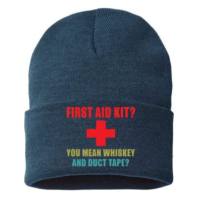 First Aid Kit Whiskey And Duct Tape Funny Dad Joke Gag Sustainable Knit Beanie