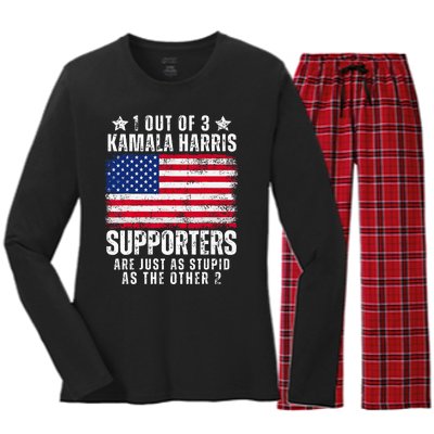 Funny Anti Kamala Harris Stupid Joke American Flag Usa Humor Women's Long Sleeve Flannel Pajama Set 