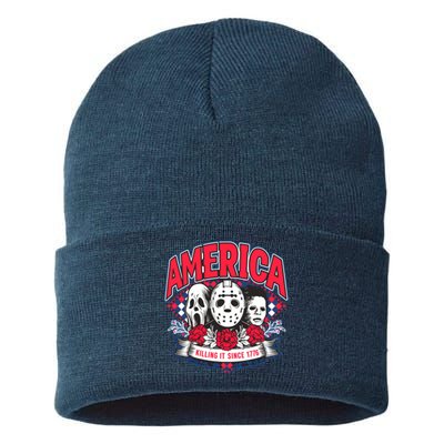 Floral America Killing It Since 1776 Horror Movie Sustainable Knit Beanie