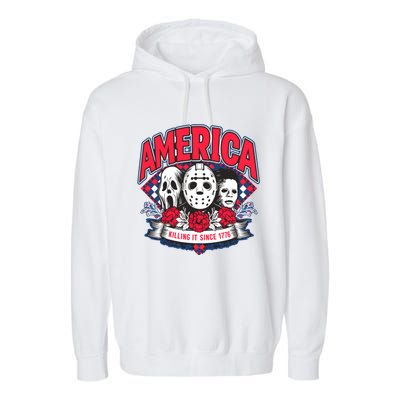 Floral America Killing It Since 1776 Horror Movie Garment-Dyed Fleece Hoodie