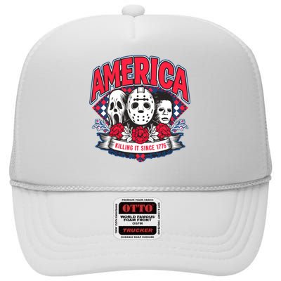 Floral America Killing It Since 1776 Horror Movie High Crown Mesh Back Trucker Hat