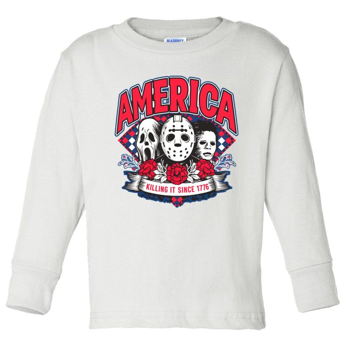 Floral America Killing It Since 1776 Horror Movie Toddler Long Sleeve Shirt