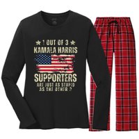 Funny Anti Kamala Harris Stupid Joke American Flag Usa Humor Women's Long Sleeve Flannel Pajama Set 