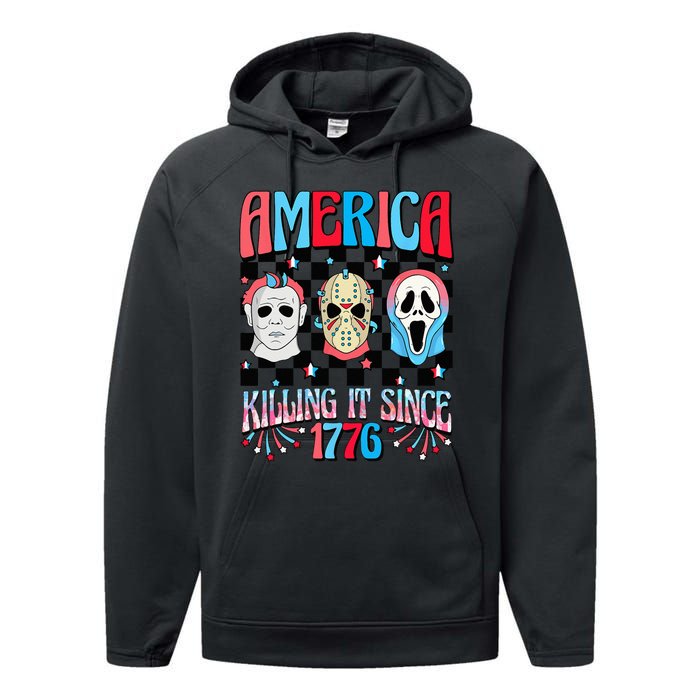 Funny America Killing IT Since 1776 Horror 4th Of July USA Performance Fleece Hoodie