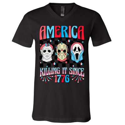 Funny America Killing IT Since 1776 Horror 4th Of July USA V-Neck T-Shirt