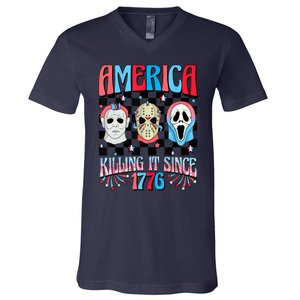 Funny America Killing IT Since 1776 Horror 4th Of July USA V-Neck T-Shirt