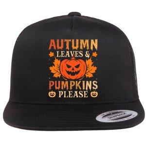 Fall Autumn Leaves & Pumpkin Please Halloween Flat Bill Trucker Hat