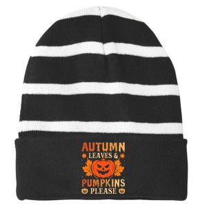 Fall Autumn Leaves & Pumpkin Please Halloween Striped Beanie with Solid Band