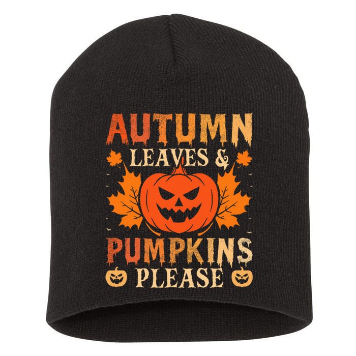 Fall Autumn Leaves & Pumpkin Please Halloween Short Acrylic Beanie