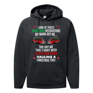 Funny A Little Red Truck Hauling A Christmas Tree Performance Fleece Hoodie