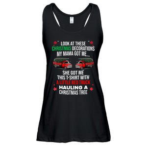 Funny A Little Red Truck Hauling A Christmas Tree Ladies Essential Flowy Tank