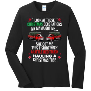 Funny A Little Red Truck Hauling A Christmas Tree Ladies Long Sleeve Shirt