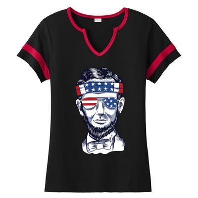 Funny Abraham Lincoln Wearing Glasses And Bandana Ladies Halftime Notch Neck Tee