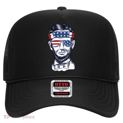 Funny Abraham Lincoln Wearing Glasses And Bandana High Crown Mesh Back Trucker Hat