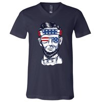 Funny Abraham Lincoln Wearing Glasses And Bandana V-Neck T-Shirt