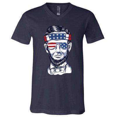 Funny Abraham Lincoln Wearing Glasses And Bandana V-Neck T-Shirt