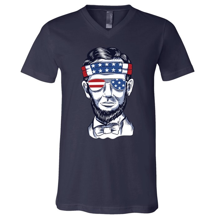 Funny Abraham Lincoln Wearing Glasses And Bandana V-Neck T-Shirt