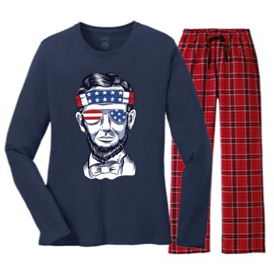 Funny Abraham Lincoln Wearing Glasses And Bandana Women's Long Sleeve Flannel Pajama Set 