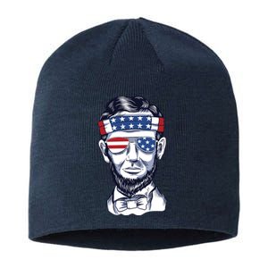 Funny Abraham Lincoln Wearing Glasses And Bandana Sustainable Beanie