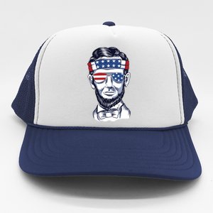 Funny Abraham Lincoln Wearing Glasses And Bandana Trucker Hat