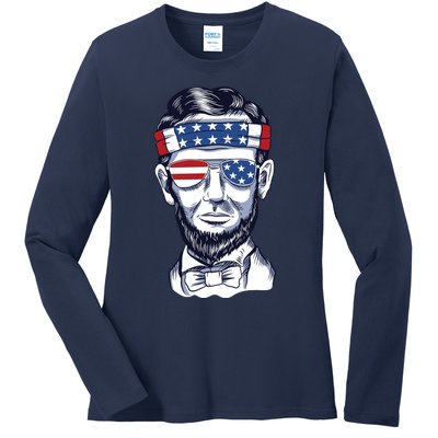 Funny Abraham Lincoln Wearing Glasses And Bandana Ladies Long Sleeve Shirt